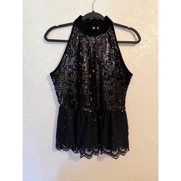 Boston Proper Tops - Boston Proper Black Sequin Halter Top Lace Peplum Velvet Neck Keyhole XS